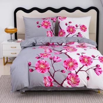 Pościel bawełna 100% 160x200 biało szara w różowe kwiaty PB575